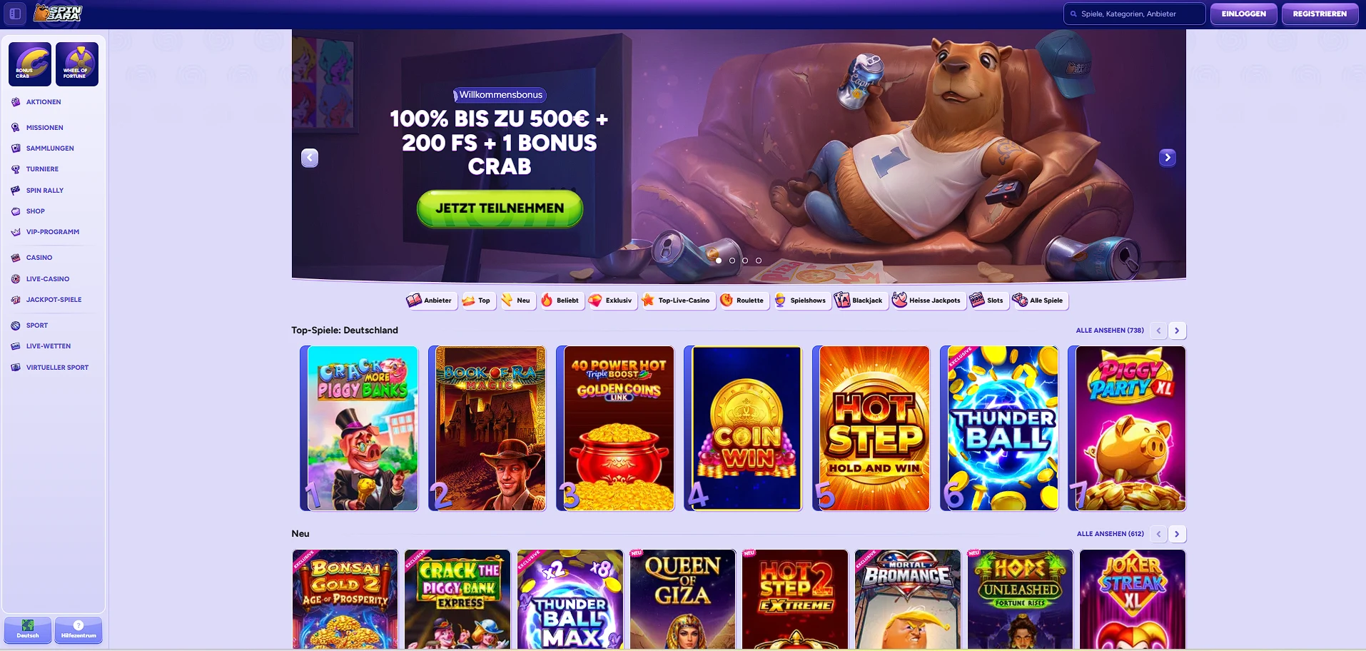 Spinbara Casino Homepage-Übersicht